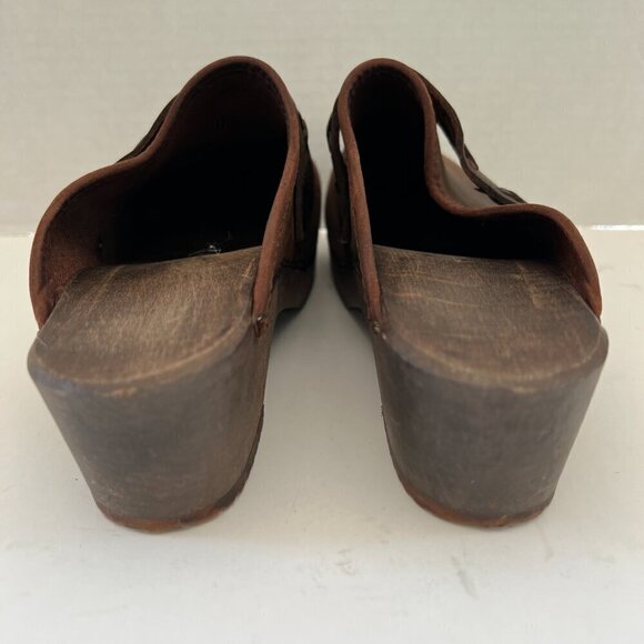 Danish Clogs Chocolate Brown Leather Wood Platform Slip On Mule Size 7 - Picture 8 of 15